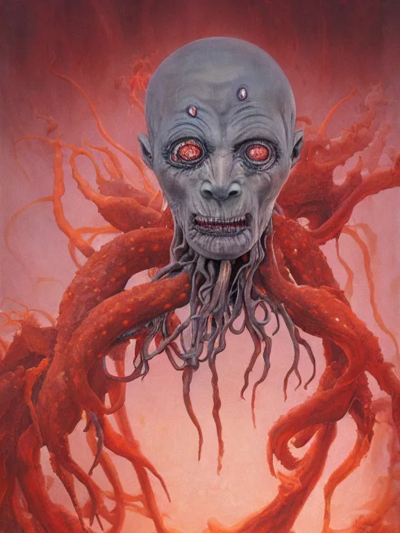 Image similar to wayne barlowe painting of a flying sorrowful looking severed human head, floating head with tears running down it's eyes, face that is chalk white in color, with long white tentacles stemming from it's neck, fiery scorching red eyes, background sprawling terrifying hellish cave with lava flowing through it's walls, 4 k