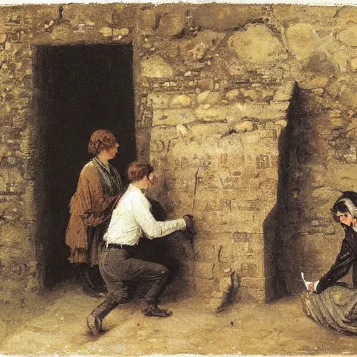 Image similar to young victorian man and woman solving a riddle carved into a stonewall in a dungeon, by alfred stevens