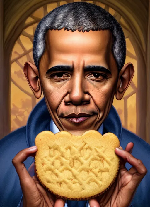 Image similar to highly detailed closeup portrait of obama as a fairytale medieval prince eating cookies, unreal engine, nicoletta ceccoli, mark ryden, lostfish, earl norem, global illumination, god rays, detailed and intricate environment