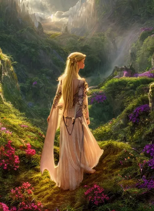 Image similar to an elven princess with wings of lace in the lord of the rings scenery landscape, looking out at a vast lush valley of fairy homes, flowers, sunrise, god's rays highly detailed, vivid color, cinematic lighting, perfect composition, 8 k, gustave dore, derek zabrocki, greg rutkowski, belsinski, octane render