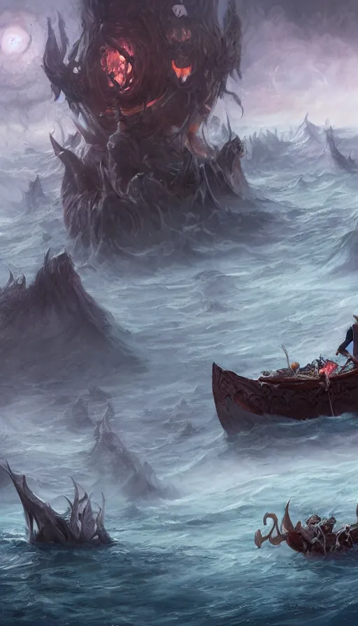 Image similar to man on boat crossing a body of water in hell with creatures in the water, sea of souls, by blizzard concept artists