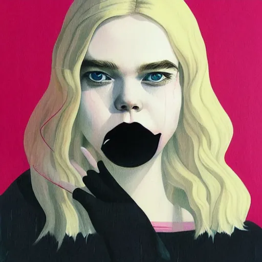 Prompt: Elle Fanning in a slasher film picture by Sachin Teng, asymmetrical, dark vibes, Realistic Painting , Organic painting, Matte Painting, geometric shapes, hard edges, graffiti, street art:2 by Sachin Teng:4