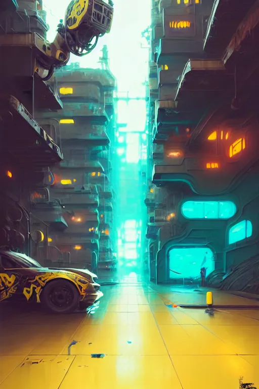 Prompt: matte painting of warped extreme 3 d calligraphy robot graffiti tag mural maximalism by atey ghailan, by greg rutkowski, by greg tocchini, by james gilliard, by joe fenton, yellow, brown, black and cyan color scheme, octane render