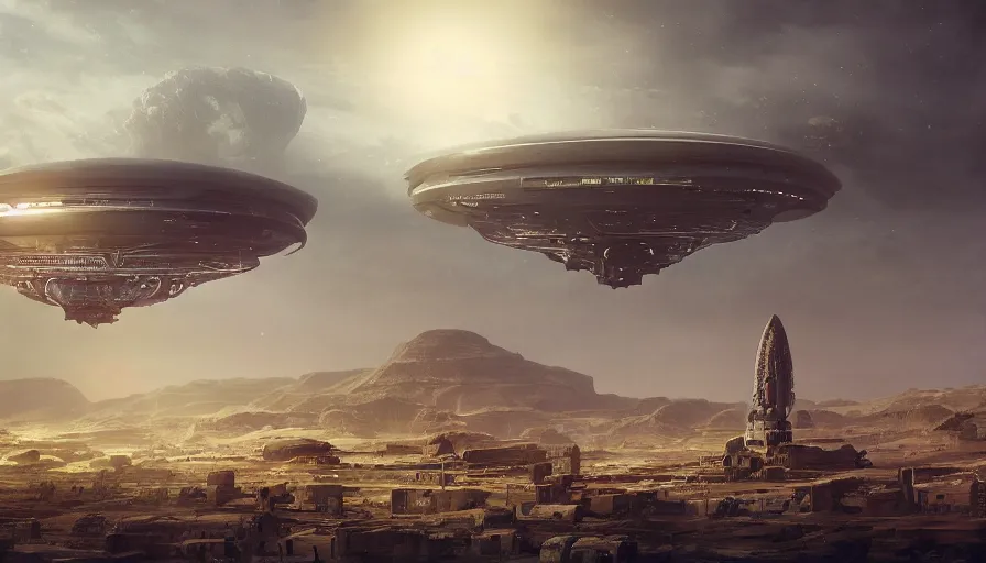 Image similar to a giant alien ufo high tech spaceship eerily hovering on nineveh on mesopotamia city landscape with beautiful shrines by greg rutkowski, artgerm, ross tran, magali villeneuve, intricate, time travel theme, audince in awe, spectacle, audience sorrounding, award winning, octane render, masterpiece, 8 k, beautiful