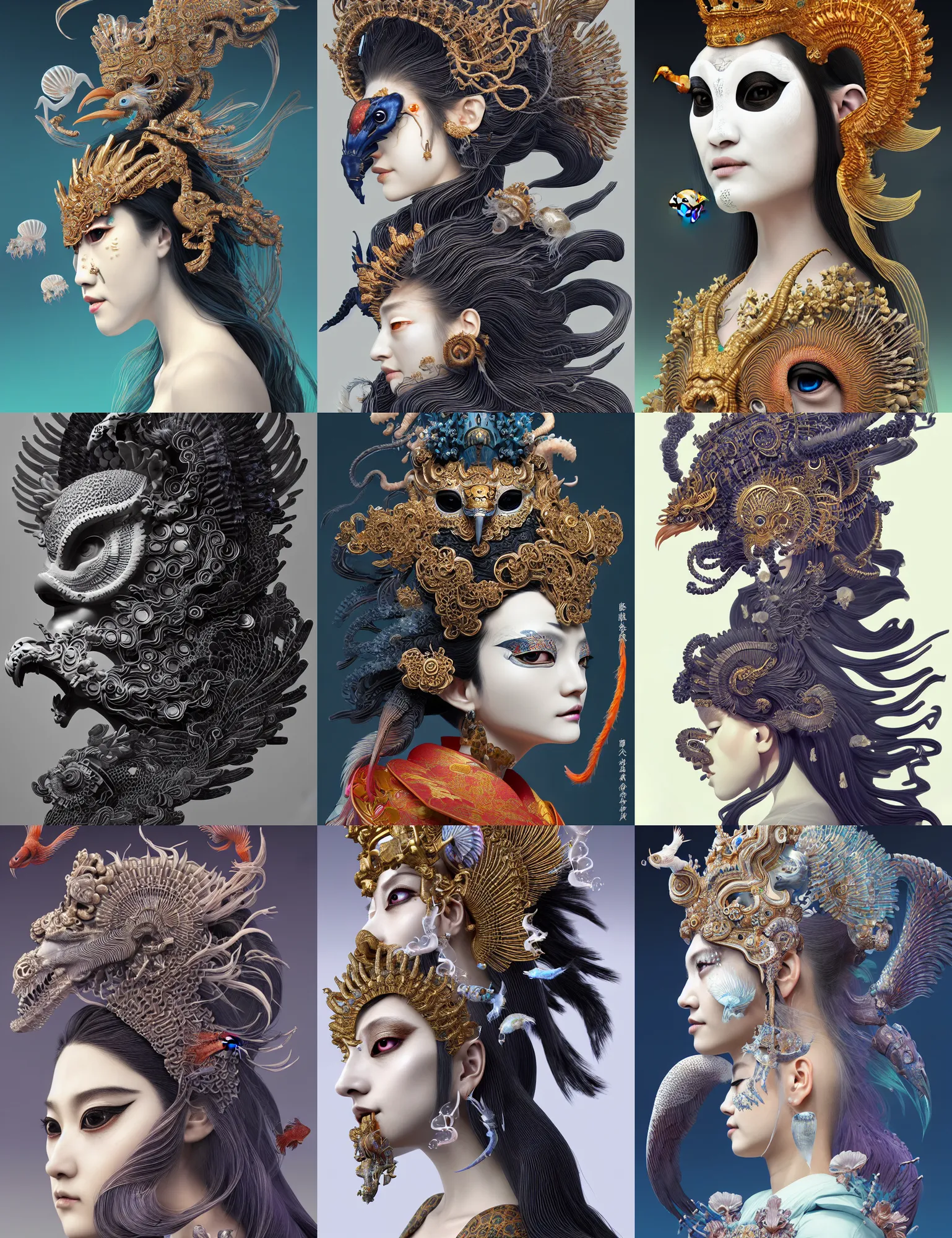 Prompt: 3 d goddess close - up profile portrait with crown, ram skull. beautiful intricately detailed japanese crow kitsune mask and classical japanese kimono. betta fish, jellyfish, phoenix, bio luminescent, plasma, ice, water, wind, creature, artwork by tooth wu and wlop and beeple and greg rutkowski