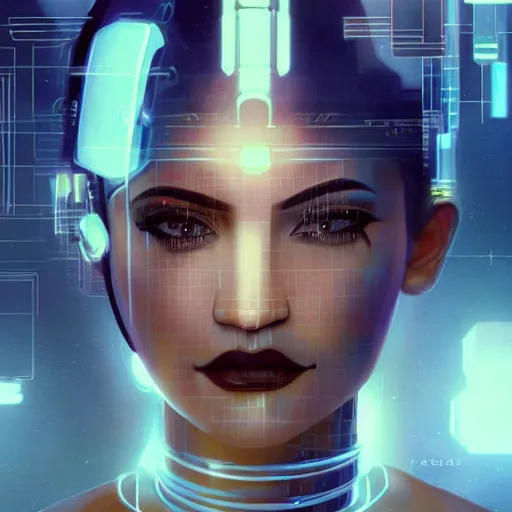 Image similar to portrait of a cyberpunk art deco kylie jenner with a grid of light falling on her face, sci-fi, intricate lighting, elegant noir, highly detailed, digital painting, studio portrait, artstation, smooth, sharp focus, illustration, art by artgerm and greg rutkowski and Charlie Bowater