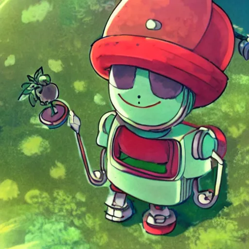 Image similar to cute robot made of plants wearing tomato hat and a chive sword, made in abyss style