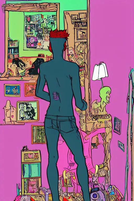 Image similar to a skinny goth guy standing in a cluttered 9 0 s bedroom by jamie hewlett, back view, jamie hewlett art, full body character concept art, vaporwave colors,