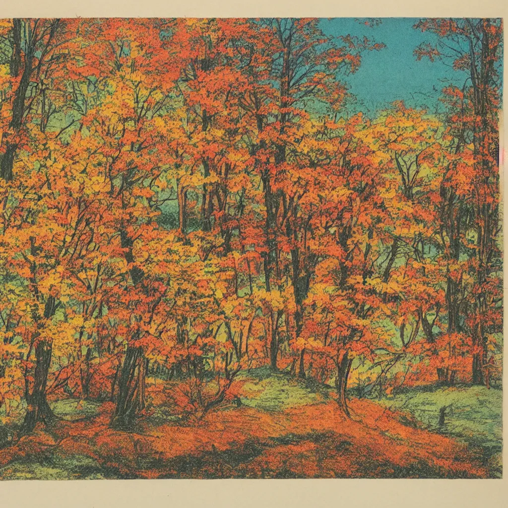 Image similar to a vintage risograph of an autumn landscape