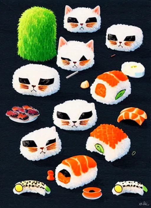 Image similar to clear photorealistic picture of adorable cats made out of sushi