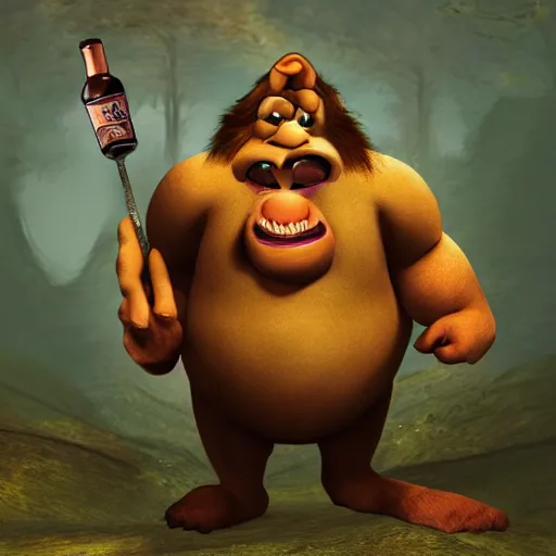 Prompt: Garbuckle the Garbsplatter is an ogre that lives inside mount Mooky and likes to drink bottles of numnum juice