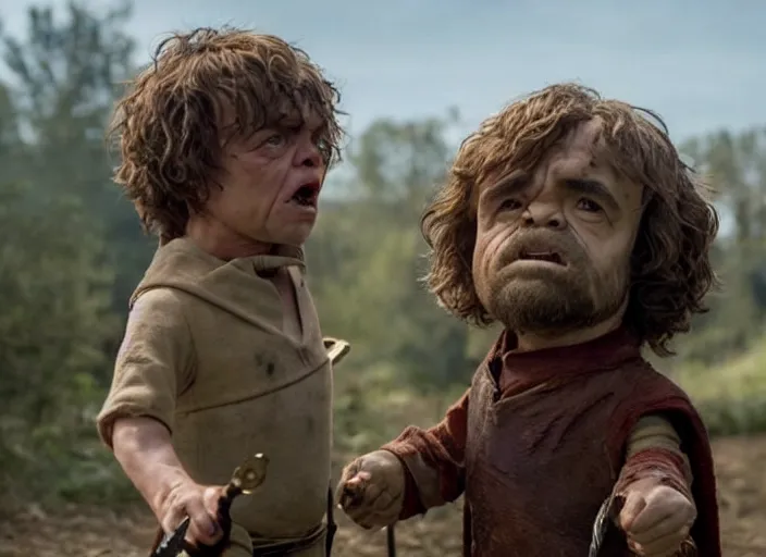 Image similar to peter dinklage knife fighting e. t. the extra - terrestrial, movie still, from the new toys r us movie, 8 k, realistic