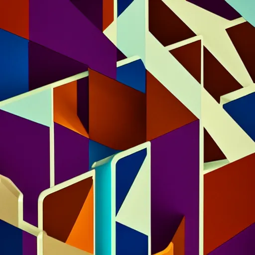 Prompt: abstract geometric art made of boxes of varied sizes and colours, arranged like modern architecture, two point perspective, shallow focal lens, analogous complementary colour scheme, hyperrealism, octane render