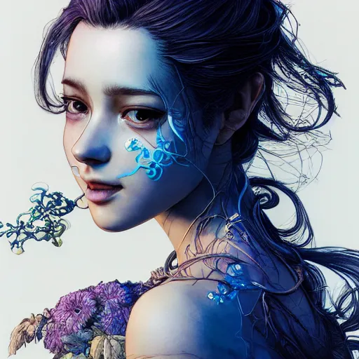 Image similar to the portrait of a blueberry that resembles an absurdly beautiful, graceful, elegant, sophisticated girl, an ultrafine hyperdetailed illustration by kim jung gi, irakli nadar, intricate linework, bright colors, octopath traveler, final fantasy, unreal engine 5 highly rendered, global illumination, radiant light, detailed and intricate environment