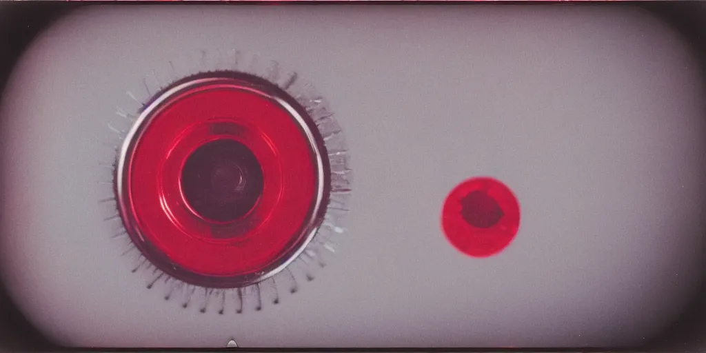 Prompt: analog vintage photography portrait polaroid of a futuristic chrome cog, red color bleed, heavy film grain, bloom, glow