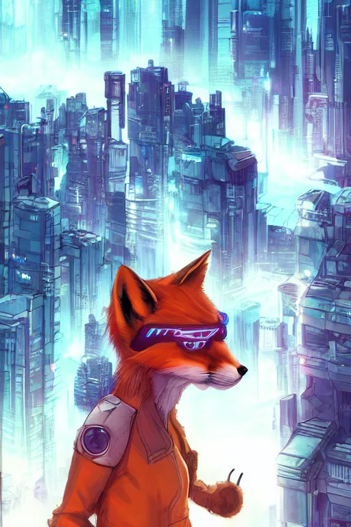 Image similar to a cyberpunk anthropomorphic fox with a fluffy tail staring over a futuristic city from the top of a roof, comic art, trending on furaffinity, cyberpunk, backlighting, cartoon, by kawacy, anime!!!