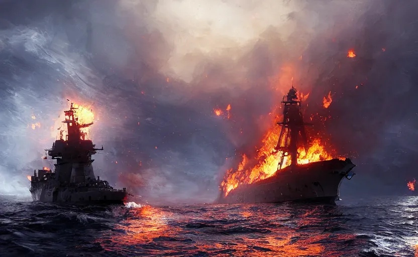 Prompt: distant cinematic shot of a burning Russian warship sinking in the middle of the ocean, concept art, сinematic lighting, insanely detailed, smooth, sharp focus, Artstation, 8k, unreal engine, hyper realistic, steampunk style, bright background, moonlight, volumetric lighting, wallpaper, digital illustration by Ruan Jia and Mandy Jurgens and Artgerm and Wayne Barlowe and Greg Rutkowski and Zdislav Beksinski