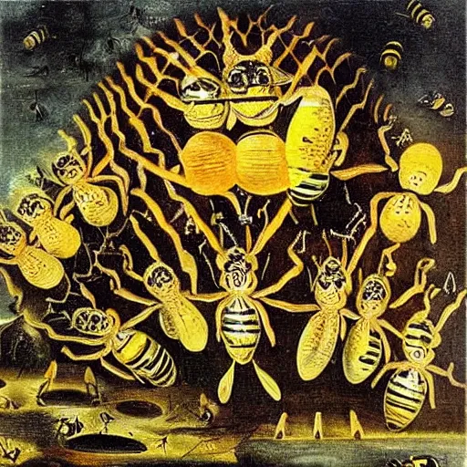 Image similar to when the bees attack, art by salvador dali, bosch, masterpiece