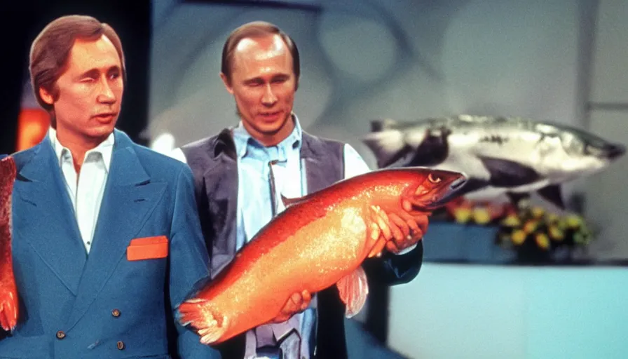 Image similar to 7 0 s movie still of putin in game show, proudly holding a salmon. cinestill 8 0 0 t _ 3 5 mm eastmancolor, heavy grain, high quality, high detail