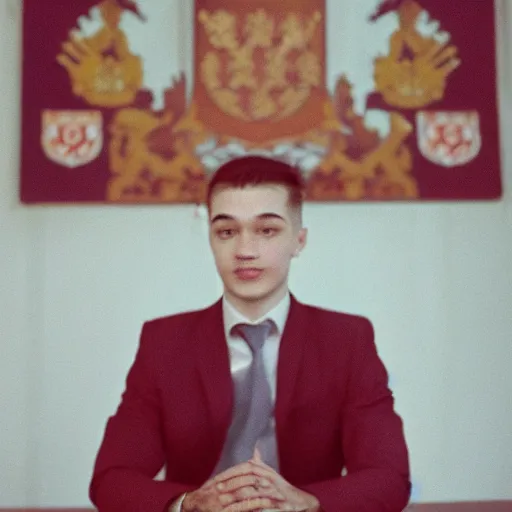 Prompt: A young man in a suit sits at a table , coat of arms of USSR in background, bokeh, cinestill, fine details