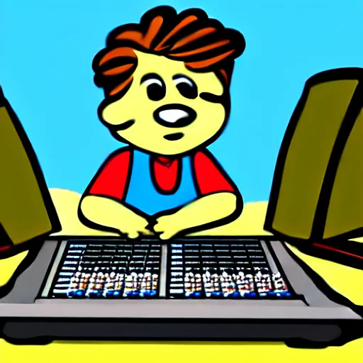 Image similar to cartoon illustration of a kid on a music studio mixing console in the style of The Beano