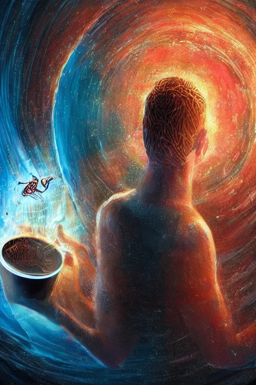 Image similar to portrait of trump drinking ayahuasca in a wormhole, by pablo amaringo, dramatic lighting, concept art, artstation