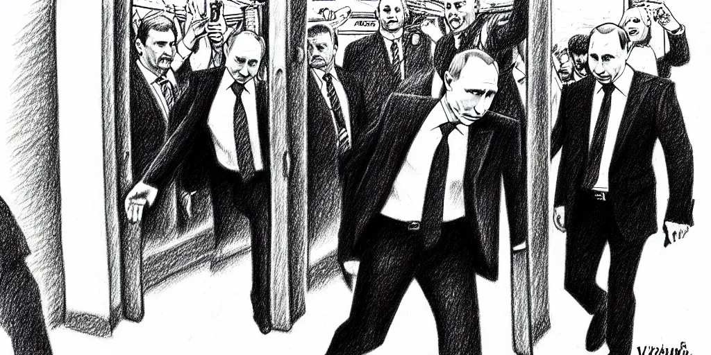 Prompt: vladimir putin being kicked out of a bar, cartoonish, ultra detailed pencil drawing