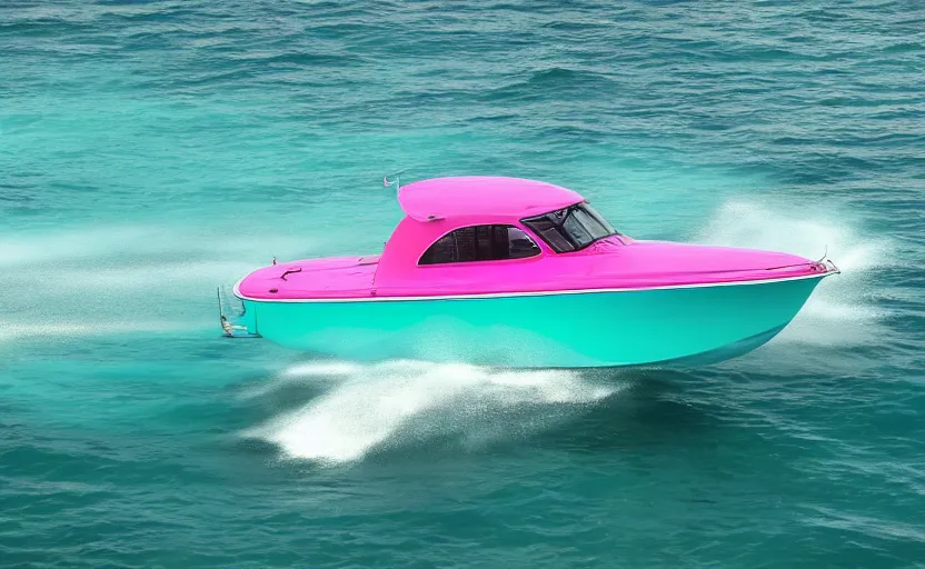Image similar to photorealistic picture of a pink scarab 3 8 kv boat driving in turquoise water. miami. 8 0's style