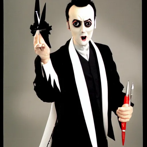 Prompt: a high quality product photo ad of klaus nomi holding a technical reed rollerball pen exacto knife by junji ito, ethereal eel