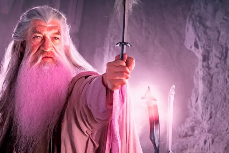 Image similar to short scruffy-looking Gandalf wearing pink Hello kitty costume meets tall regular Gandalf the white, dramatic lighting, movie still from Lord of the Rings, cinematic