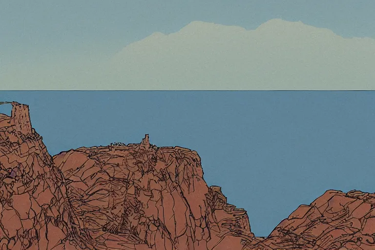 Prompt: seaside cliffs in the style of Moebius