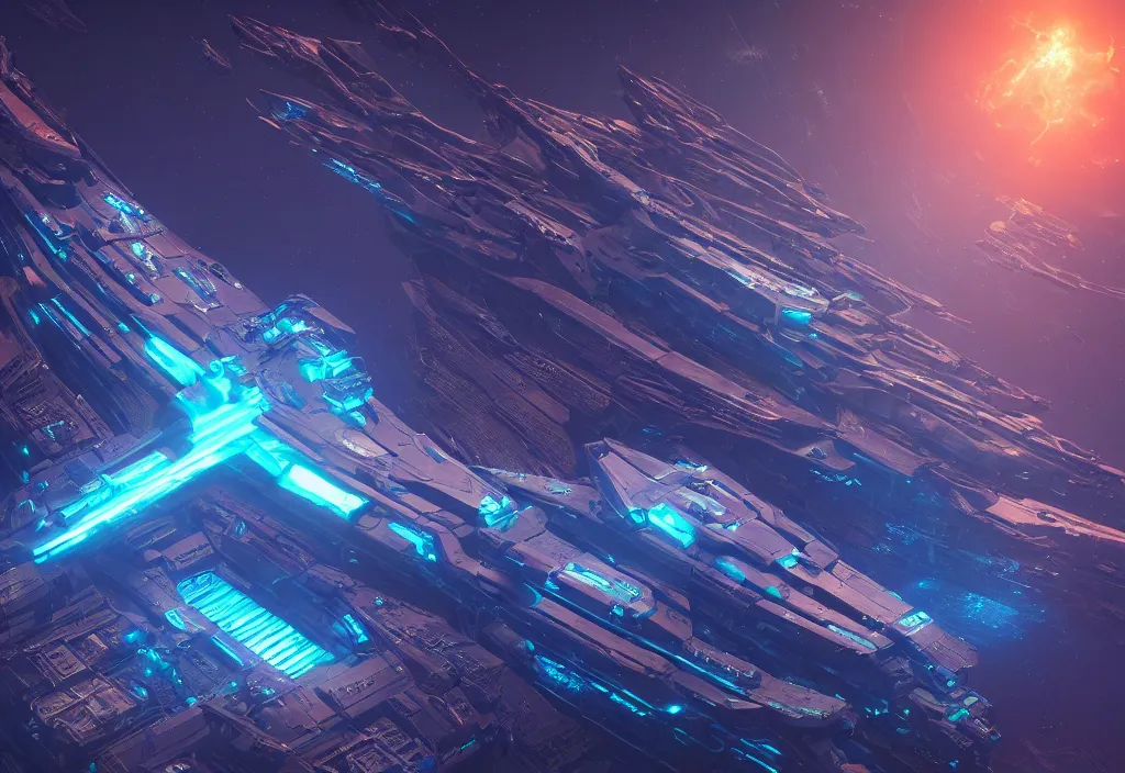 Image similar to a physical based rendering hyper detailed of a single huge mega space warship with glowing engraved neon and floating in front of cybertron planet, level structure, mechanical, electron flow, aerial view, android, metal, atmospheric lighting, perfect shadow, octane render, in the style of pascal blanche and sparth juan raphael lacoste paul pepera pablo roldan, 8 k hd