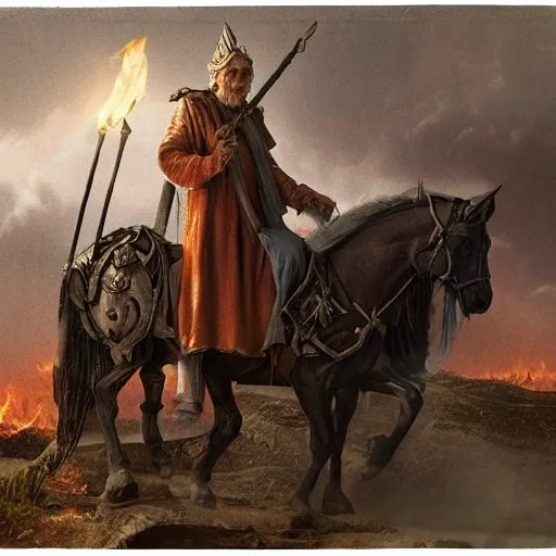 Prompt: Beautiful hyperrealistic detailed matte painting of a 60 year old man in Biblical outfit standing on an ancient chariot made of fire. Firey horses. nightime.