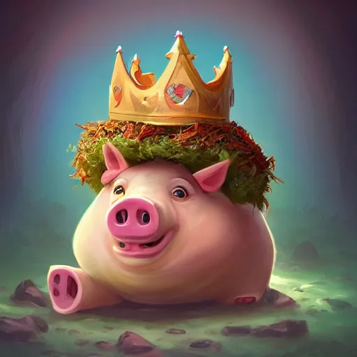 Prompt: a cartoonish cute anthropomorphic pig wearing a crown swimming in bread crumbs, magical atmosphere, trending on artstation, 30mm, by Noah Bradley trending on ArtStation, deviantart, high detail, stylized portrait