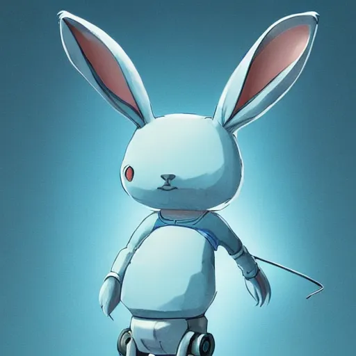 Image similar to artstation, by hayao myazaki, concept art, digital art, light blue, 2 - dimensional, 2 d, a rabbit robot