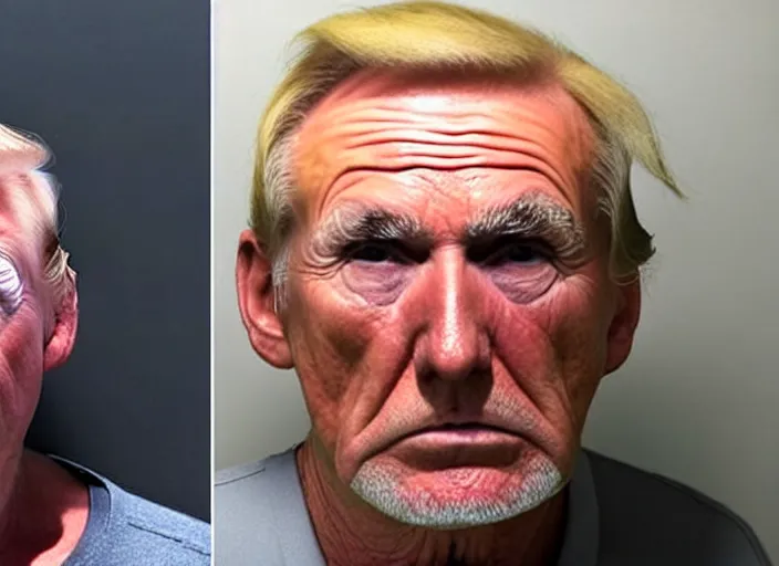 Prompt: arrested senior man with facial features like Donald Trump taken away by FBI at golf course, photo, high quality