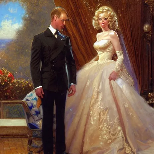 Image similar to painting of prince william marrying attractive marilyn monroe, painting at the victoria and albert museum, highly detailed painting by gaston bussiere, craig mullins, j. c. leyendecker 8 k