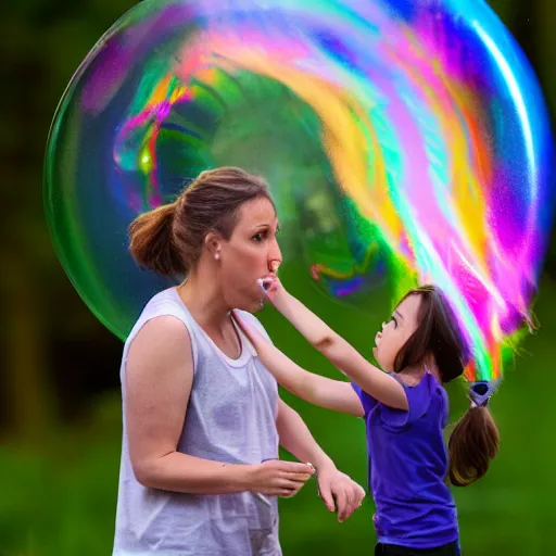 Prompt: A mom catching a girl blowing an enormous soap bubble, 8k