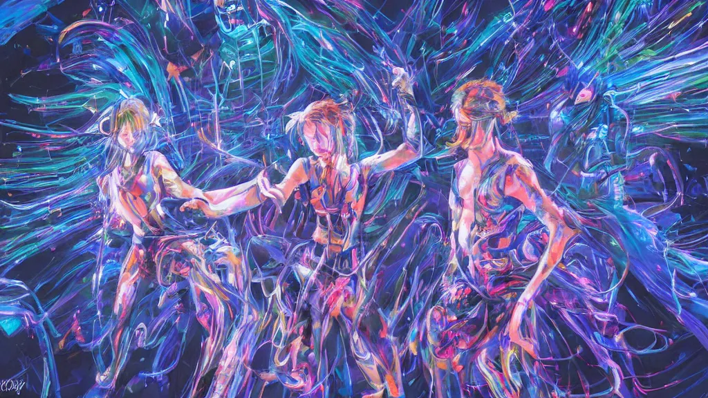 Prompt: a detailed painting of two people dressed as gen z dancing togheter in a nightclub, inspired by yoshitaka amano enveloped in trails of colorful animal ghosts floating around them. clean painting, realistic and auora lighting. dark blue and intense purple color palette, art by kuvshinov ilya, 8 k