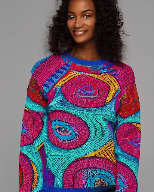 Prompt: new colorful coogi sweater with intricate woven patterns