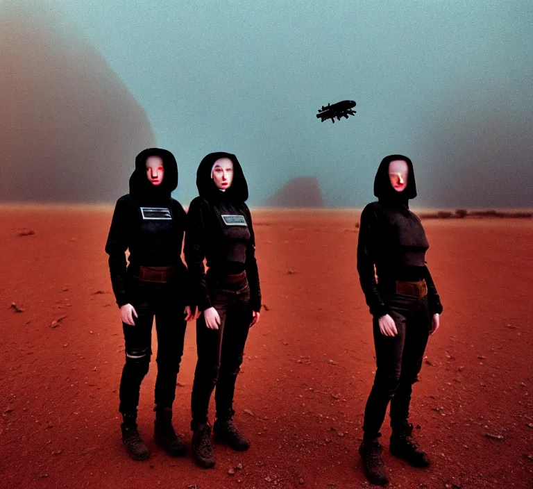 Image similar to cinestill 5 0 d 3 5 mm photographic portrait of two loving female androids wearing rugged black techwear on a desolate plain with a red sky, lizard on ground, cyberpunk style, a brutalist dark metal facility in background, dust storm, 8 k, high resolution, f / 3. 2, ultra realistic faces