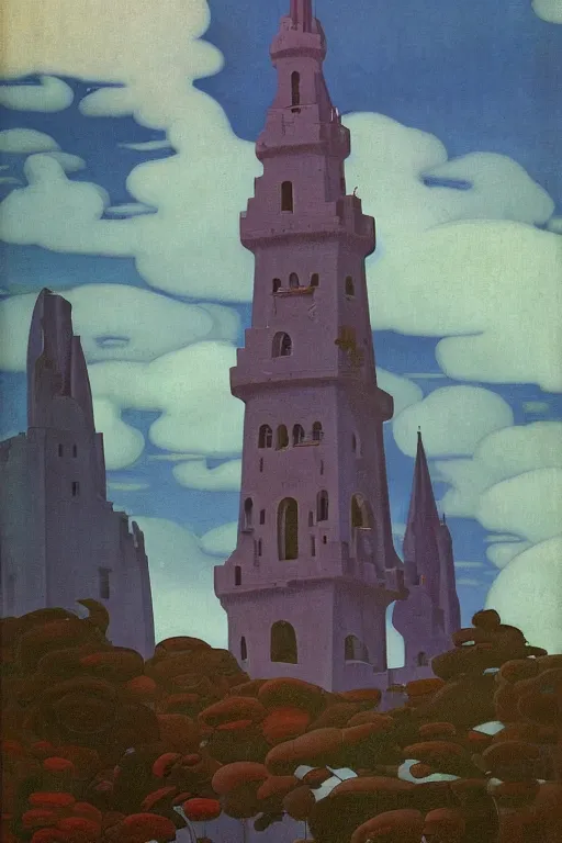 Prompt: view of the mysterious blue tower in its gardens after a storm, tall windows lit up, beautiful ornamental architecture, dramatic cinematic lighting, rich colors, by Nicholas Roerich and William Dyce and April Gornik and Sylvain Sarrailh