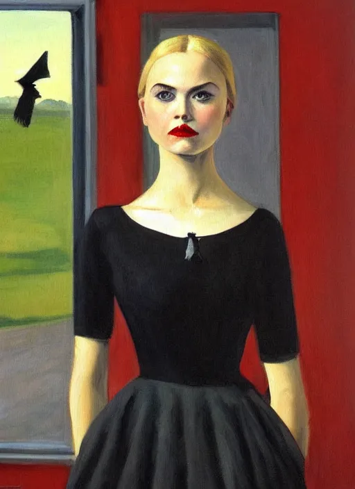 Image similar to a painting of AnnaSophia Robb, frozen cold stare, blood red background and transparent gray dress, crows as a symbol of death, in style of Edward Hopper, John Singer Sargant, American Gothic