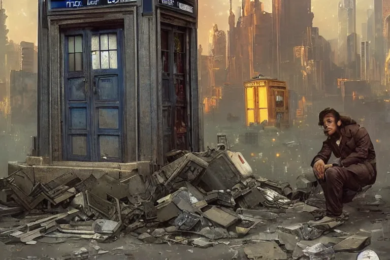 Prompt: photograph of a single tardis sat on the streets of a cyberpunk abandoned city, by greg rutkowski, by stanley artgerm, by alphonse mucha