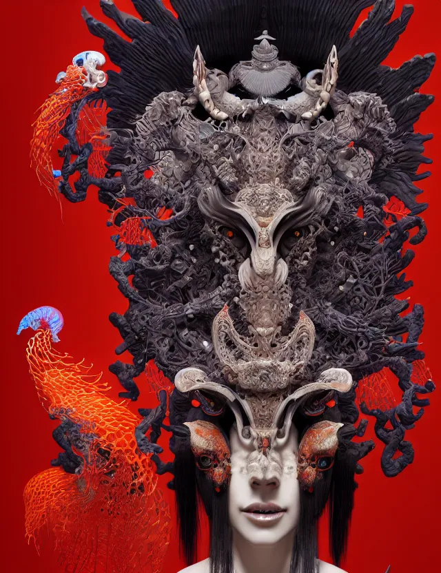 Image similar to 3 d goddess of hell close - up profile portrait with ram skull. beautiful intricately detailed japanese crow kitsune mask and clasical japanese kimono. betta fish, jellyfish phoenix, bio luminescent, plasma, ice, water, wind, creature, artwork by tooth wu and wlop and beeple and greg rutkowski