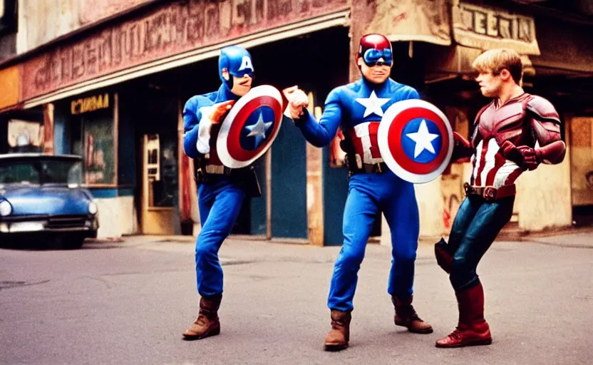 Prompt: cinestill 5 0 d candid photographic portrait by helen levitt of elton john fighting captain america in hand - to - hand combat, modern, moody, emotional cinematic, in a bar, 8 k, hd, high resolution, 3 5 mm, f / 3 2, ultra realistic faces, ex machina