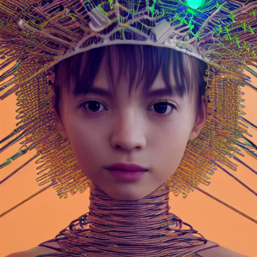 Image similar to piles of modular synth cables mixed with mangrove roots, kawaii puerto rican goddess staring through your soul wearing a headpiece made of circuit boards, by makoto shinkai, masamune, and stanley kubrick, unique perspective, eastman color, trending on artstation, cinematic, 3 d render, photorealistic