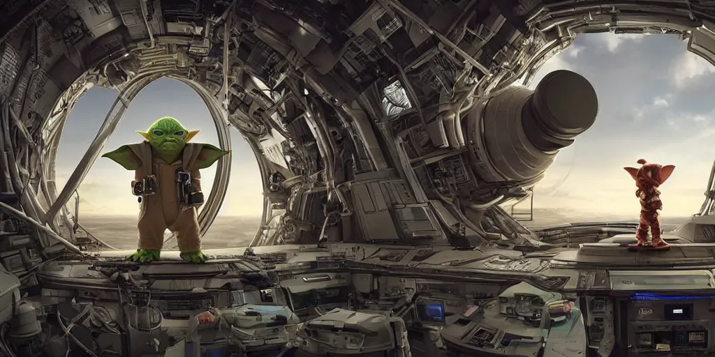 Image similar to a 3 d rendered movie still, wide - angle shot, 1 0 0 meter in the distance, baby yoda wearing a spacesuit, and exploring cosmos in a super awesome space ship. dramatic lighting, imax, 7 0 mm. science fiction blockbuster movie, silent running.