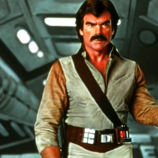 Image similar to A still of Tom Selleck as Han Solo from Star Wars The Empire Strikes Back. Extremely detailed. Beautiful. 4K. Award winning.