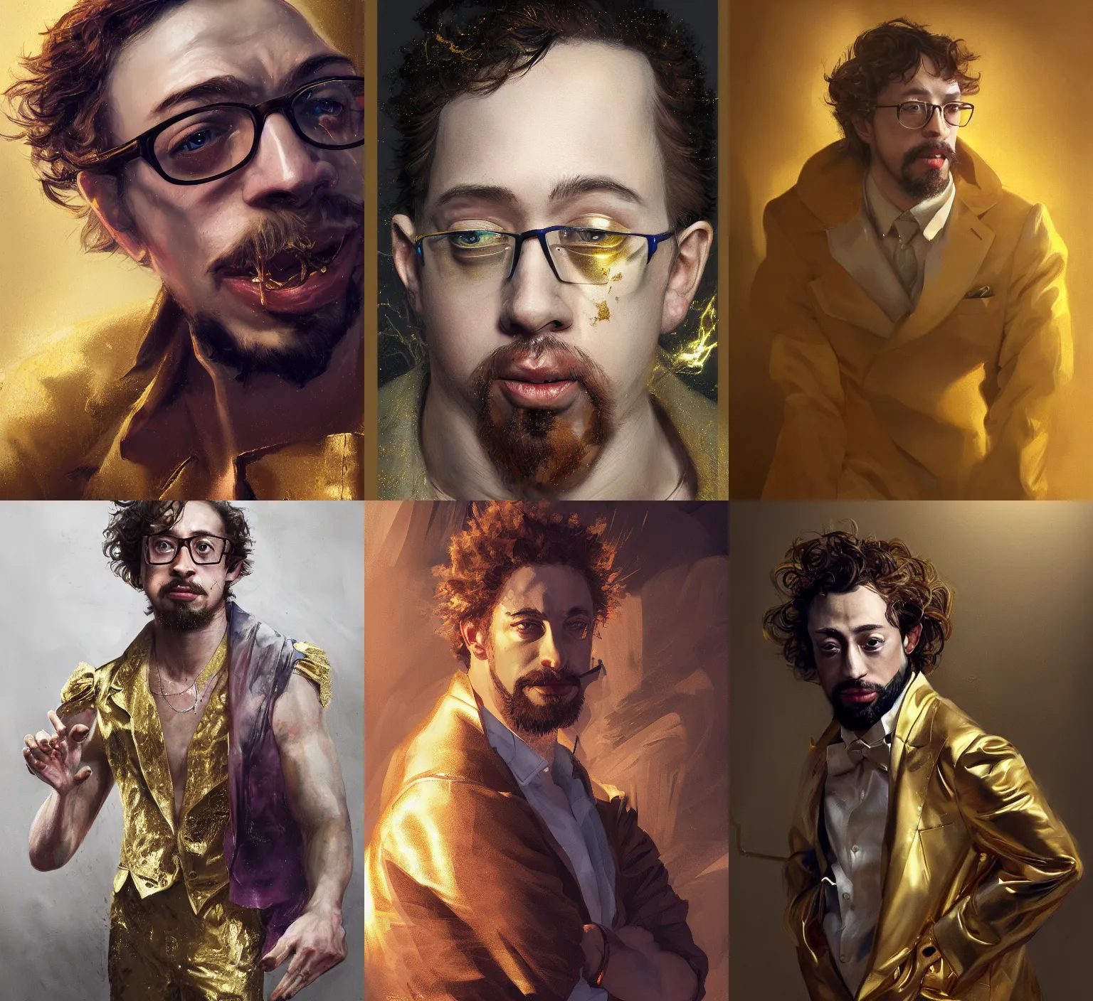 Prompt: sam hyde wearing luxurious gold suit, sigma male, accurately portrayed, portrait art by jesper ejsing and ruan jia, highly detailed, illustration, ethereal lighting with twilight rays of lightning, very detailed, smooth, sharp focus, octane render, close up